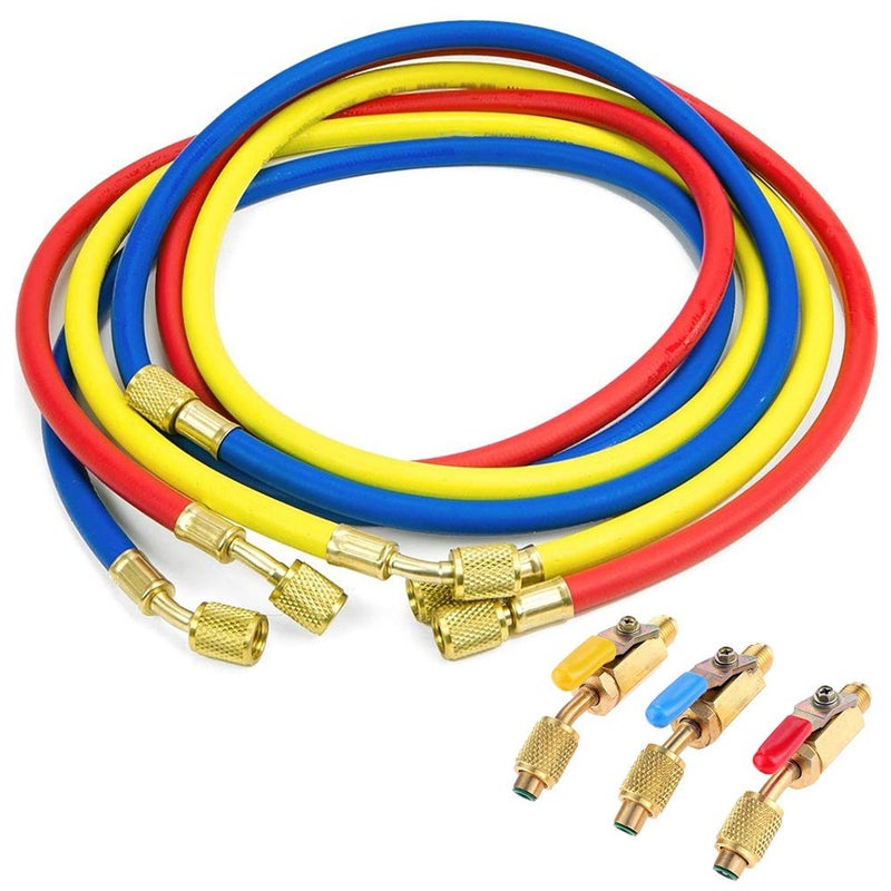 LIYYOO Refrigerant Charging Hose with Ball Valve Apply to R134A R12 R22 R502 R404 Refrigerant Air Conditioning Manifold Gauge 1/4" Thread Hose Set 60" Red/Yellow/Blue (Pack of 3) - Image 3